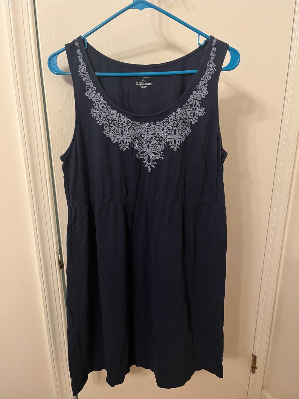 Sonoma Navy Sleeveless Midi Dress with Light Blue Embroidered Yoke